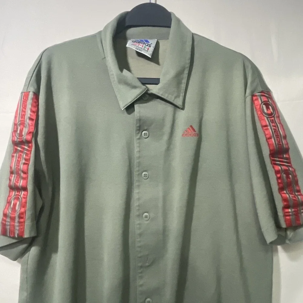 Vintage Adidas Originals Green 3 Stripes Knit Short Sleeve Button Up Mens XL Y2K